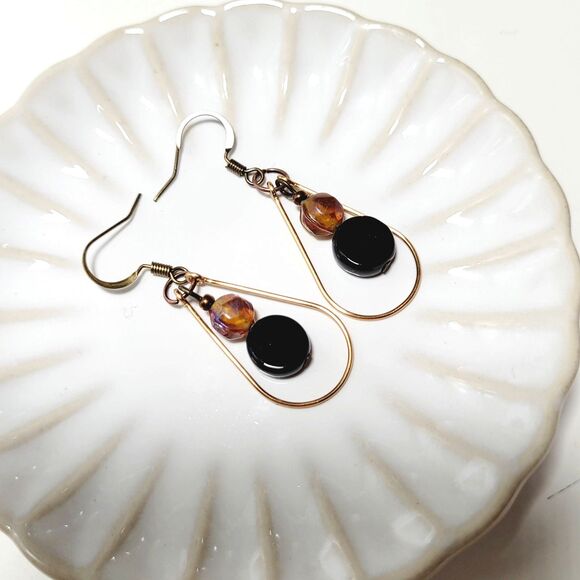 artisan earrings 355#mfs Teardrop dangle earrings linear stack Amber & Onyx glas - Picture 6 of 6